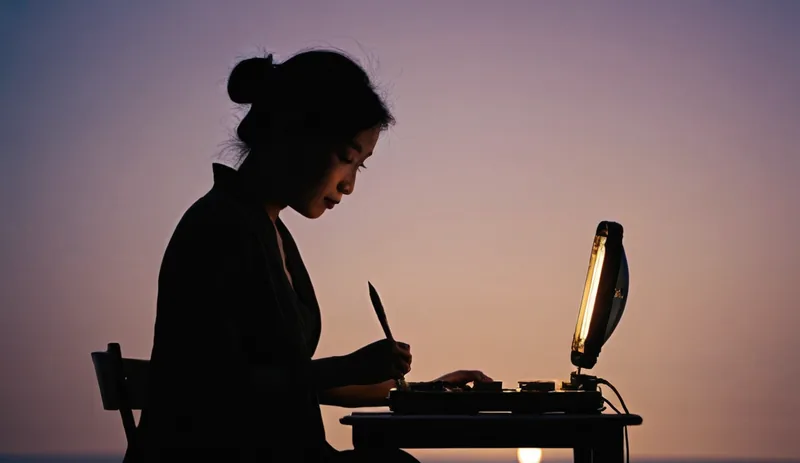 Scorcio serale di un piccolo studio creativo a Chiavari: silhouette sfocata china sulla scrivania, luce calda contro il blu della sera sul lungomare