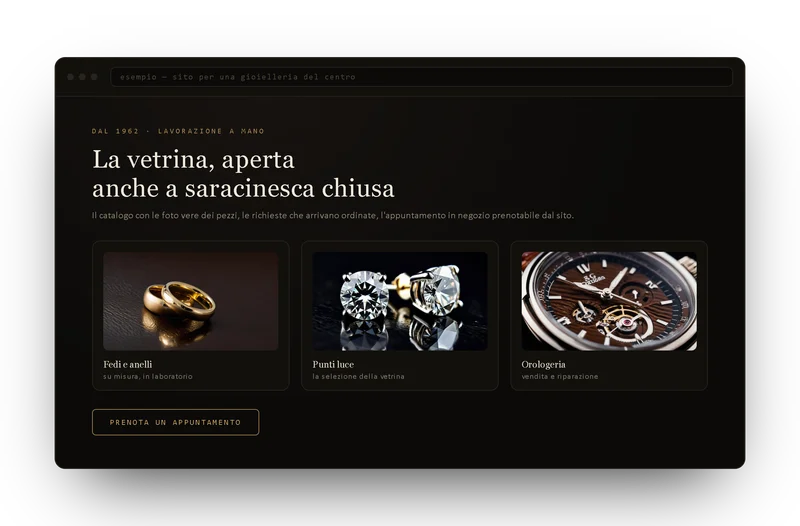 Esempio di sito per una gioielleria: pagina scura ed elegante con catalogo di fedi, punti luce e orologeria, e bottone per prenotare un appuntamento