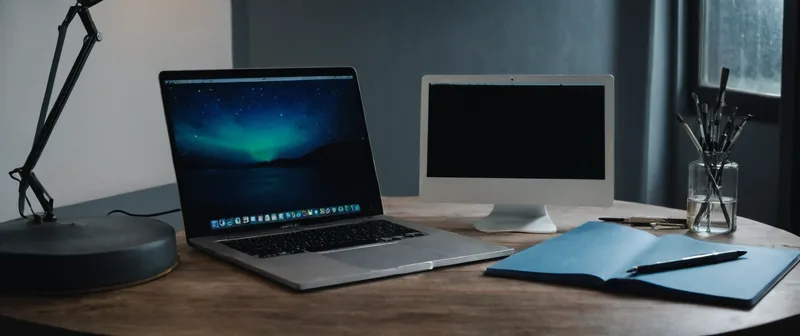 Scrivania di uno studio digitale di sera: laptop acceso con schermo scuro al buio, un secondo monitor spento accanto, quaderno e penna pronti, lampada calda accesa, finestra con pioggia sullo sfondo