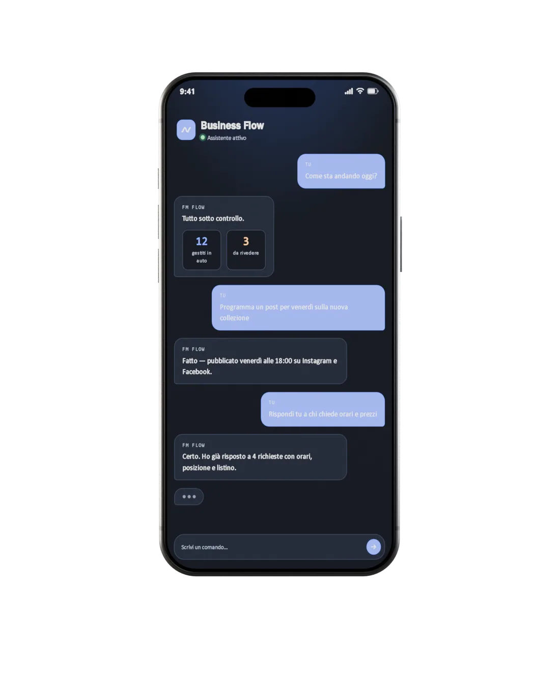 Telefono con l'app FM Flow che gestisce messaggi, post e clienti in automatico