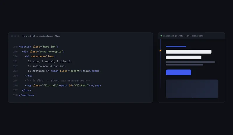 Il codice di questo sito nell'editor, accanto all'anteprima privata in lavorazione