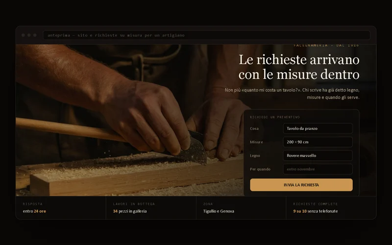 Anteprima del sito di una falegnameria: le mani che lavorano il legno e il modulo preventivo con cosa, misure, legno e quando serve