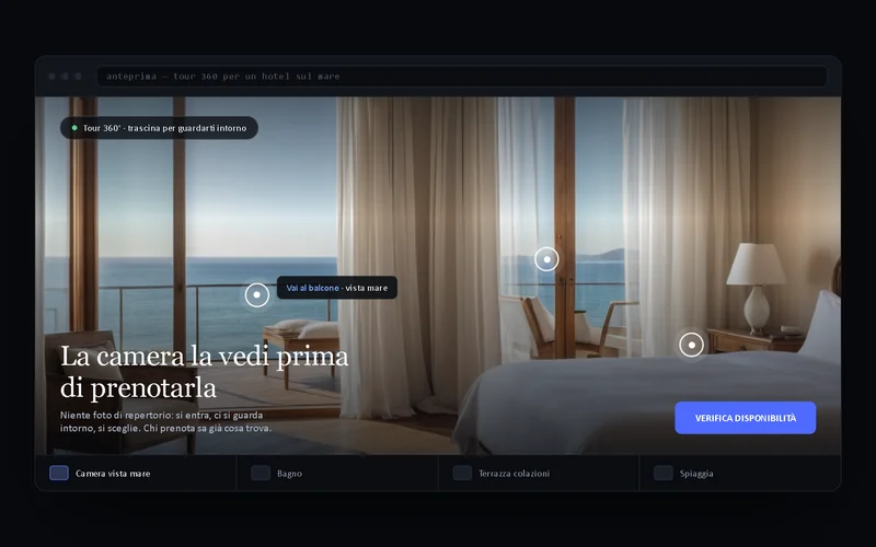 Anteprima del tour 360 di un hotel: una camera con vista mare, i punti cliccabili per spostarsi e la striscia con le altre stanze del tour