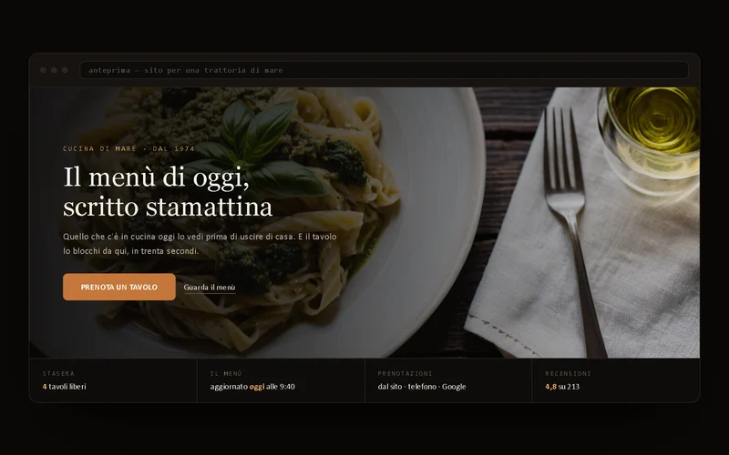 Anteprima del sito di una trattoria: la foto del piatto a tutta pagina, il bottone per prenotare un tavolo e la riga con tavoli liberi, menù aggiornato e recensioni